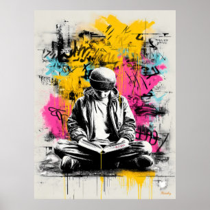 Graffiti Street Art Poster – Boy Reading Urban