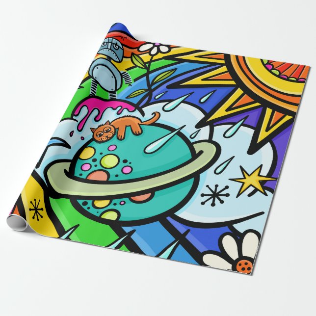 Graffiti Street Art Rainbow Weather Funky Cartoon Wrapping Paper (Unrolled)
