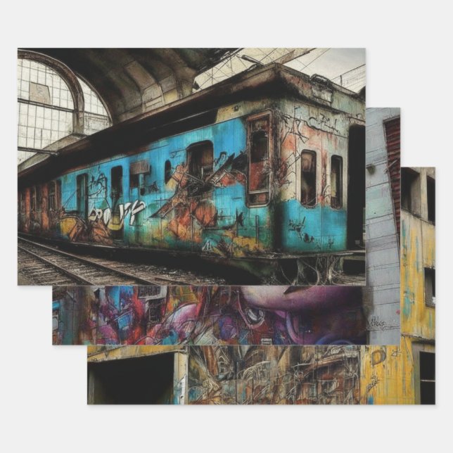Graffiti Street Art Urban City Abandoned Building Wrapping Paper Sheet (Set)