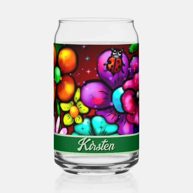 Graffiti Style Flowers & Ladybug Personalised Can Glass (Front)
