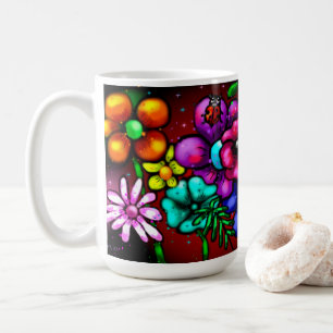 Graffiti Style Flowers & Ladybug Pink Purple Red Coffee Mug