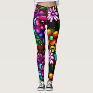 Graffiti Style Flowers & Ladybug Pink Purple Red Leggings