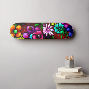 Graffiti Style Flowers & Ladybug Pink Purple Red Skateboard