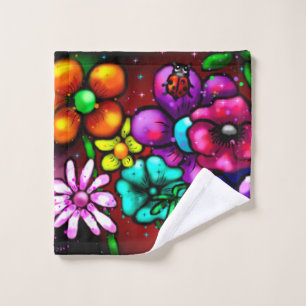 Graffiti Style Flowers & Ladybug Pink Purple Red Wash Cloth