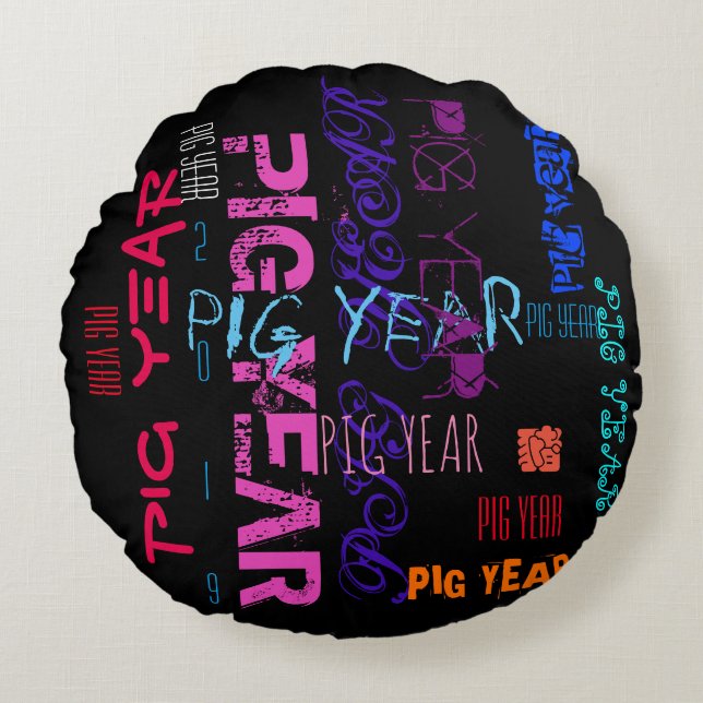 Graffiti style Repeating Pig Year 2019 Round P Cushion (Front)