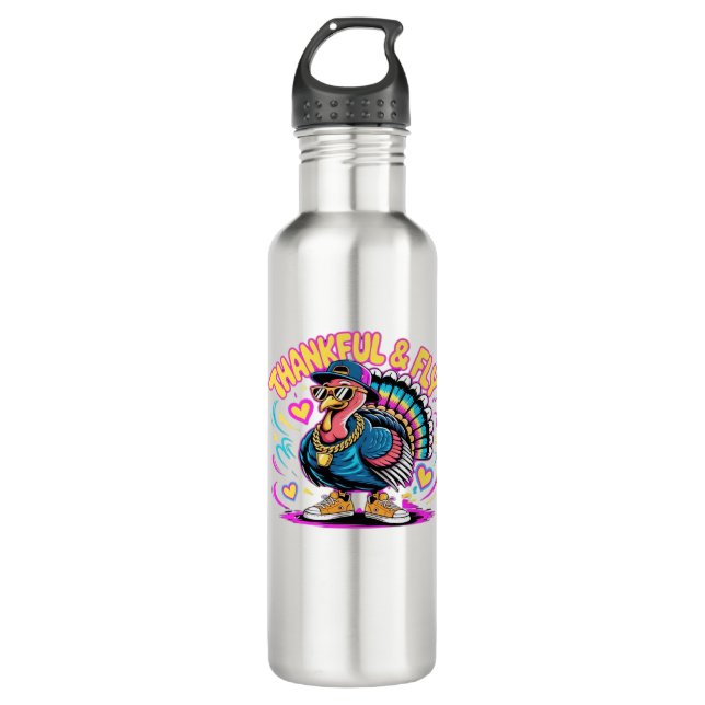 Graffiti Turkey Vibes – Thankful & Fly Cartoon Art 710 Ml Water Bottle (Front)