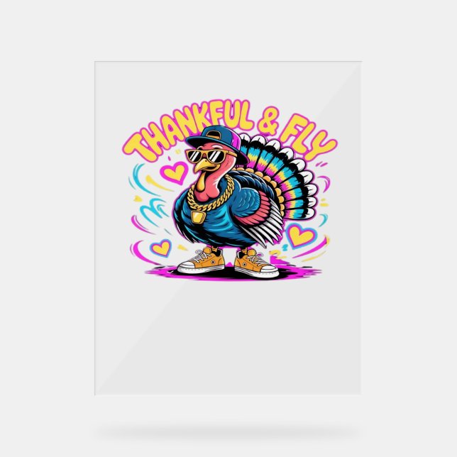 Graffiti Turkey Vibes – Thankful & Fly Cartoon Art Acrylic Sign (Front)