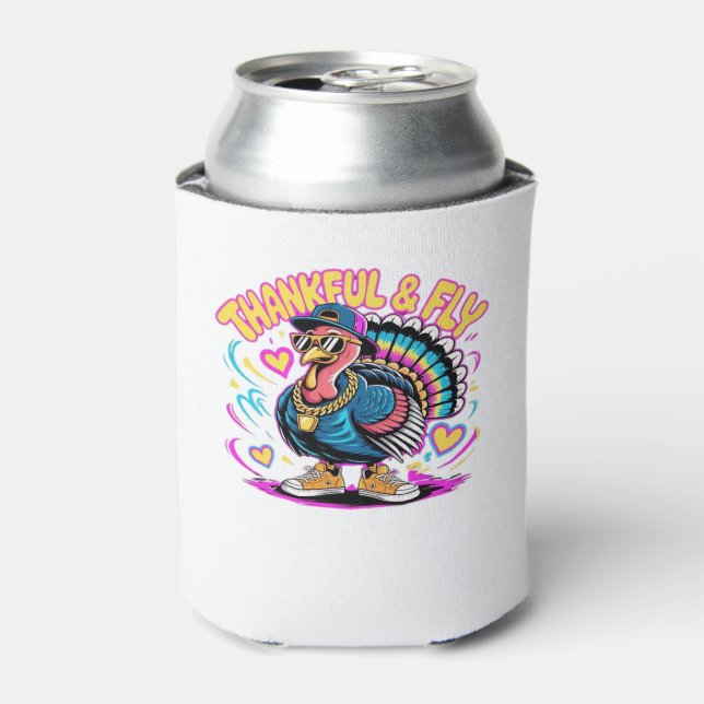 Graffiti Turkey Vibes � Thankful & Fly Cartoon Art Can Cooler (Can Front)