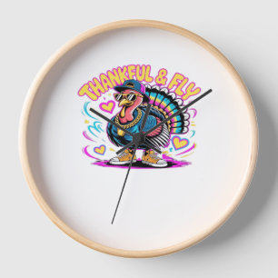 Graffiti Turkey Vibes – Thankful & Fly Cartoon Art Clock