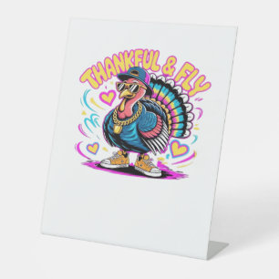 Graffiti Turkey Vibes – Thankful & Fly Cartoon Art Pedestal Sign