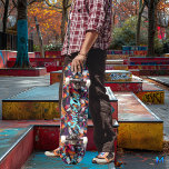 Graffiti with Electric Blue Text and Skater Motto Skateboard<br><div class="desc">This skateboard deck showcases a vibrant, graffiti-inspired design with abstract urban elements and bold strokes of colour. The striking electric blue "Skate or Die" motto adds a rebellious touch, perfect for skaters who live for the thrill and freedom of skateboarding. The deck's edgy street art vibe, filled with dynamic shapes...</div>