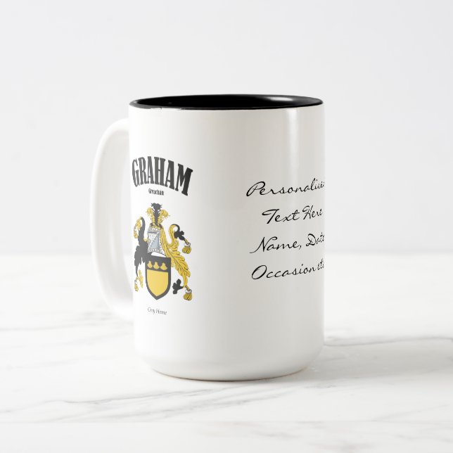 Graham Family Crest, Translation & Meaning Two-Tone Coffee Mug (Front Left)