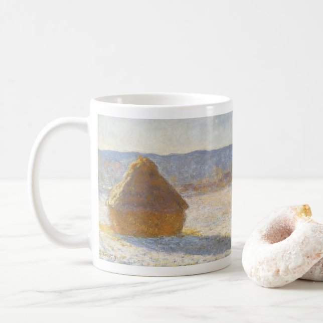 Grainstack in Morning, Snow Effect by Claude Monet Coffee Mug (With Donut)