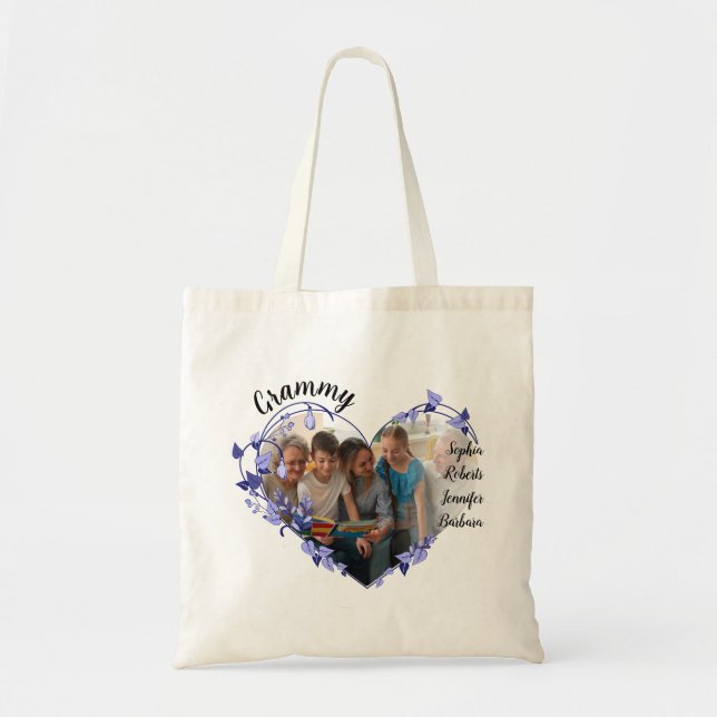 Grammy flower heart With Grandkids Names & Photo Tote Bag (Front)