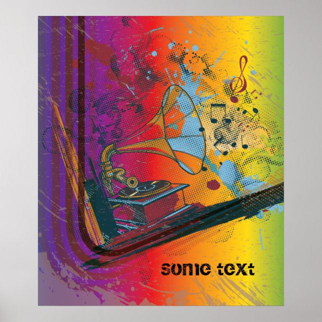 Gramophone on rainbow retro custom print poster (Front)