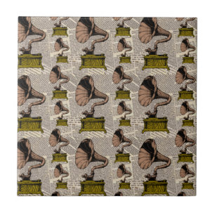 Gramophone Player Vintage Steampunk Newspaper Ceramic Tile