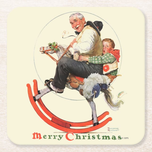 Gramps on Rocking Horse Square Paper Coaster (Front)