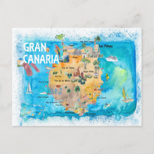 Gran Canary Canarias Spain Illustrated Map Postcard
