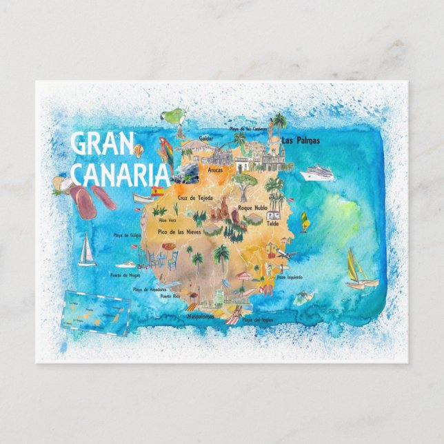 Gran Canary Canarias Spain Illustrated Map  Postcard (Front)