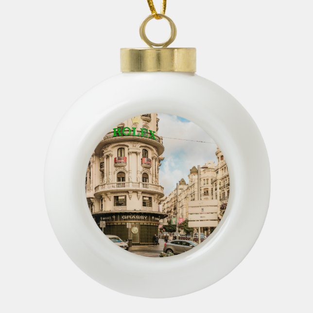 Gran Via Street, Madrid, Spain Ceramic Ball Christmas Ornament (Front)