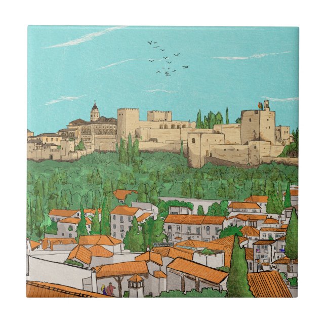 Granada Cityview Spain Landscape Illustration Ceramic Tile (Front)