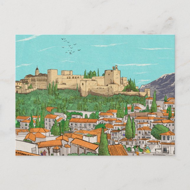 Granada Cityview Spain Landscape Illustration Postcard (Front)