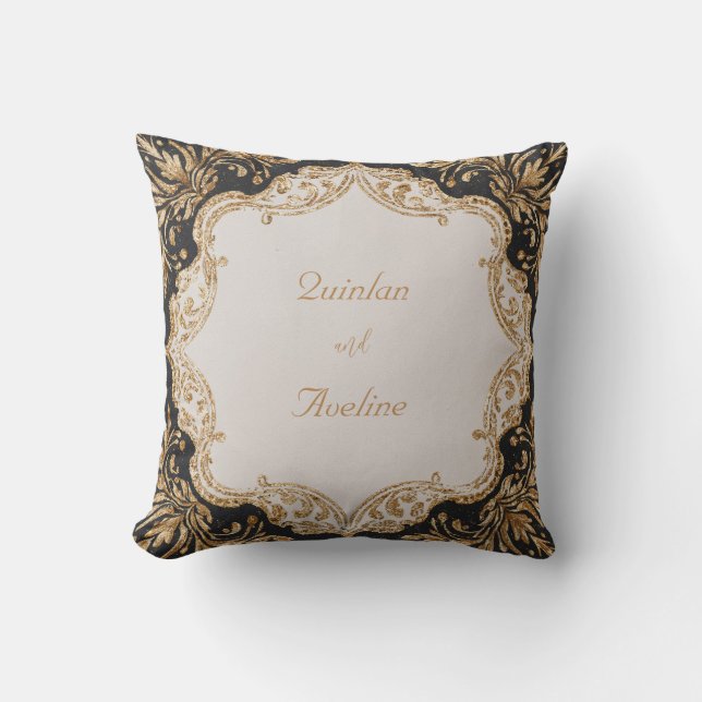 Grand Baroque Gold Glitter Black Luxury Wedding Cushion (Front)