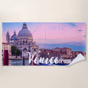 Grand Canal with gondolas and church in Venice Beach Towel