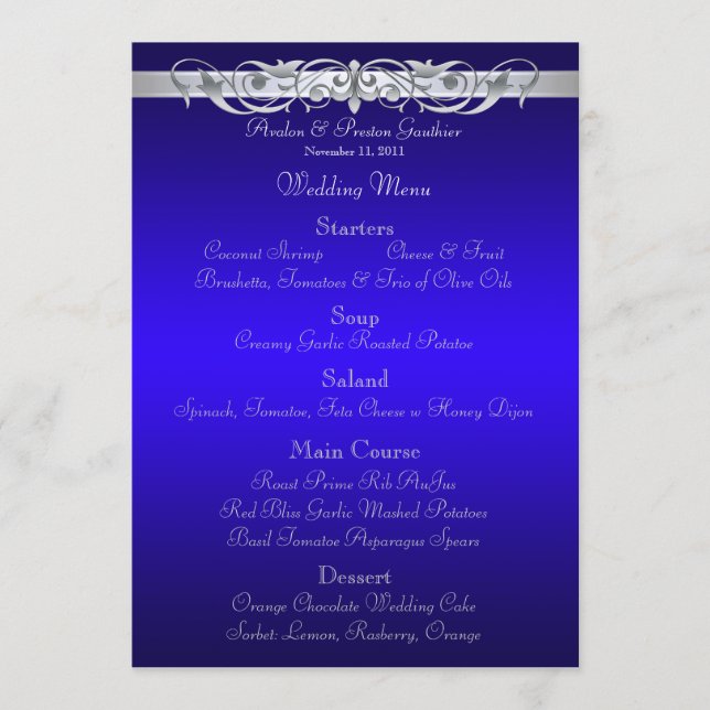 Grand Duchess Blue Scroll Wedding Menu (Front)