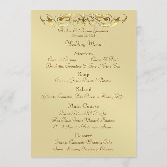 Grand Duchess Gold Metal Scroll Wedding Menu (Front)