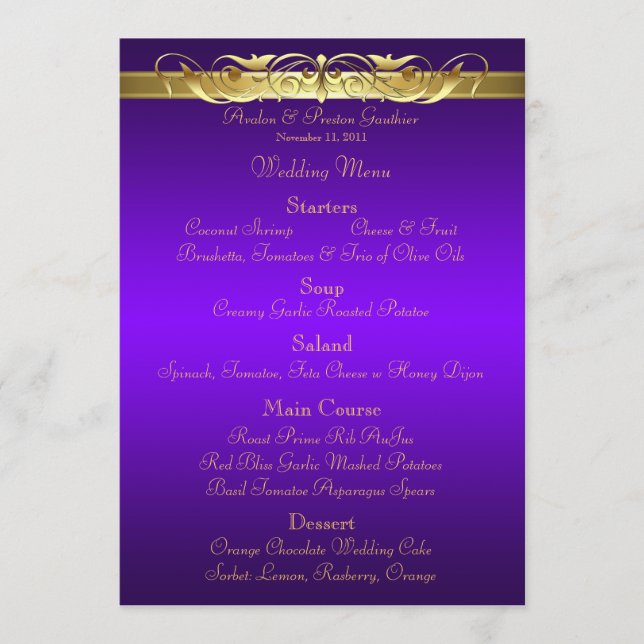 Grand Duchess Purple Scroll Wedding Menu (Front)
