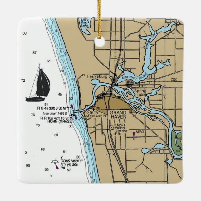 Grand Haven MI Nautical Chart Ceramic Ornament (Back)