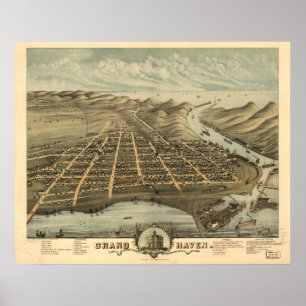 Grand Haven Michigan 1874 Antique Panoramic Map Poster