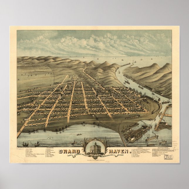 Grand Haven Michigan 1874 Antique Panoramic Map Poster (Front)