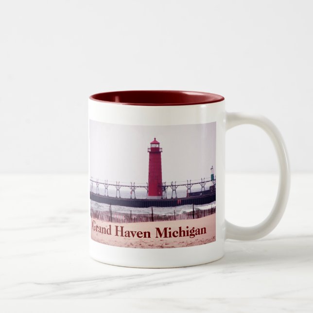 Grand Haven Michigan Lighthouse Two-Tone Coffee Mug (Right)