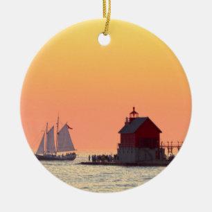 Grand Haven Outer Lighthouse and Ship Ceramic Ornament