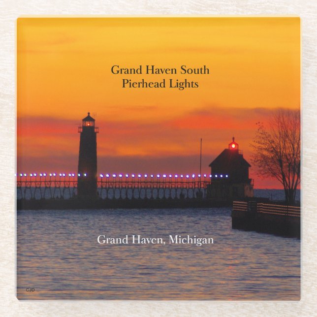 Grand Haven South Pierhead Lights sunset coaster (Front)