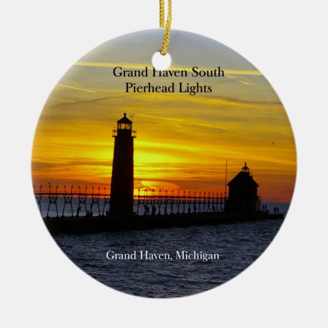 Grand Haven South Pierhead Lights sunset ornament (Front)