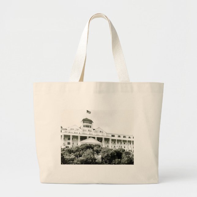 Grand Hotel, Mackinac Island, black and white Large Tote Bag (Front)