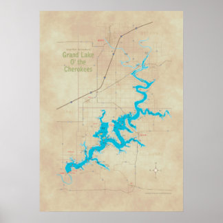 Grand Lake OK map tan 19 Poster