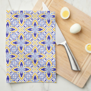 Grand Mosaic Blue and Gold Floral Mediterranean Tea Towel