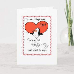 Grand Nephew 1st Valentine's Day Cute Penguin Holiday Card