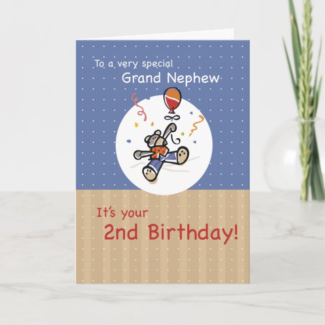 Grand Nephew 2nd Teddy Bear Balloon Birthday Card (Front)