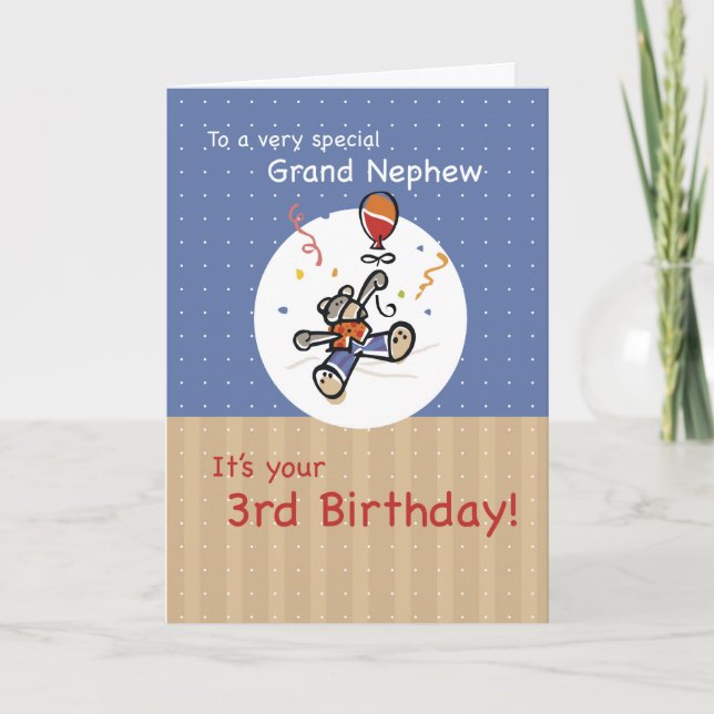 Grand Nephew 3rd Teddy Bear Balloon Birthday Card (Front)