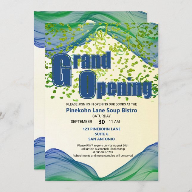 Grand Opening Blue Green Border Waves  Invitation (Front/Back)