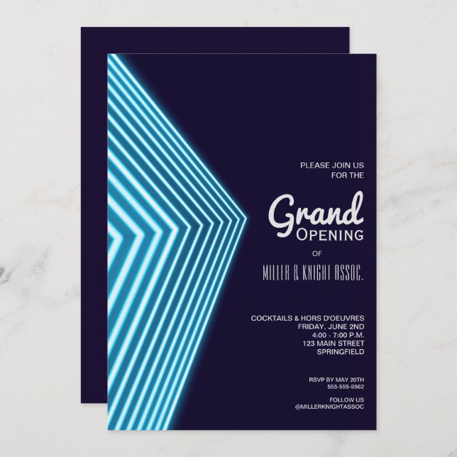 Grand Opening Blue Neon Invitations (Front/Back)