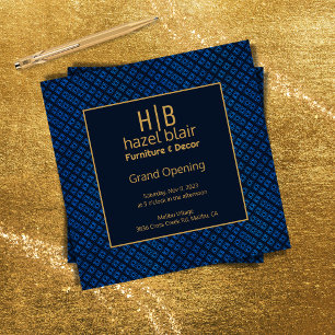 Grand Opening Business Gold Monogram Blue Squares  Invitation