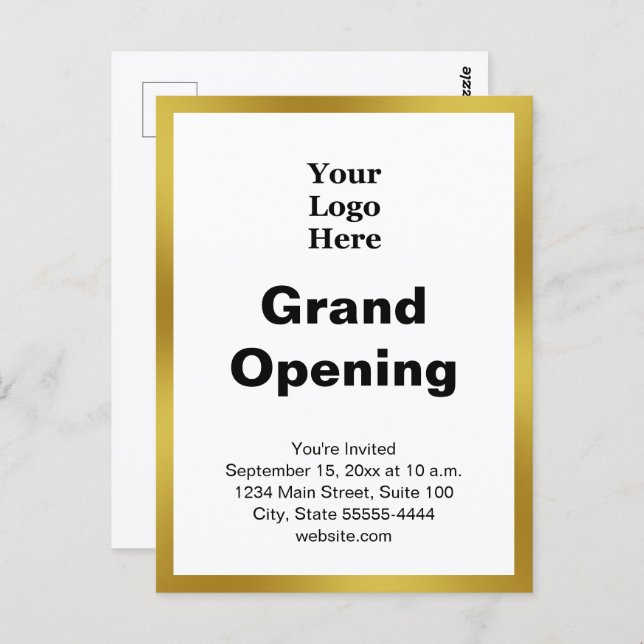 Grand Opening Business Logo Gold White Invitation Postcard (Front/Back)