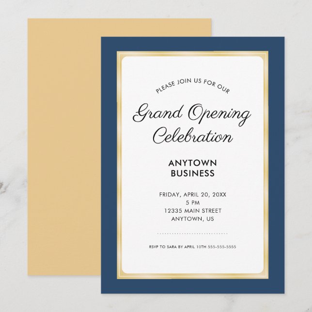 Grand Opening Celebration | Navy Blue and Gold Invitation (Front/Back)