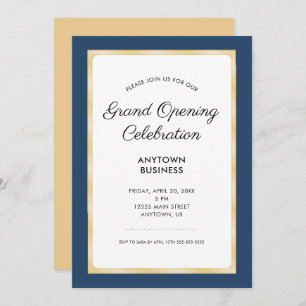 Grand Opening Celebration   Navy Blue and Gold Invitation
